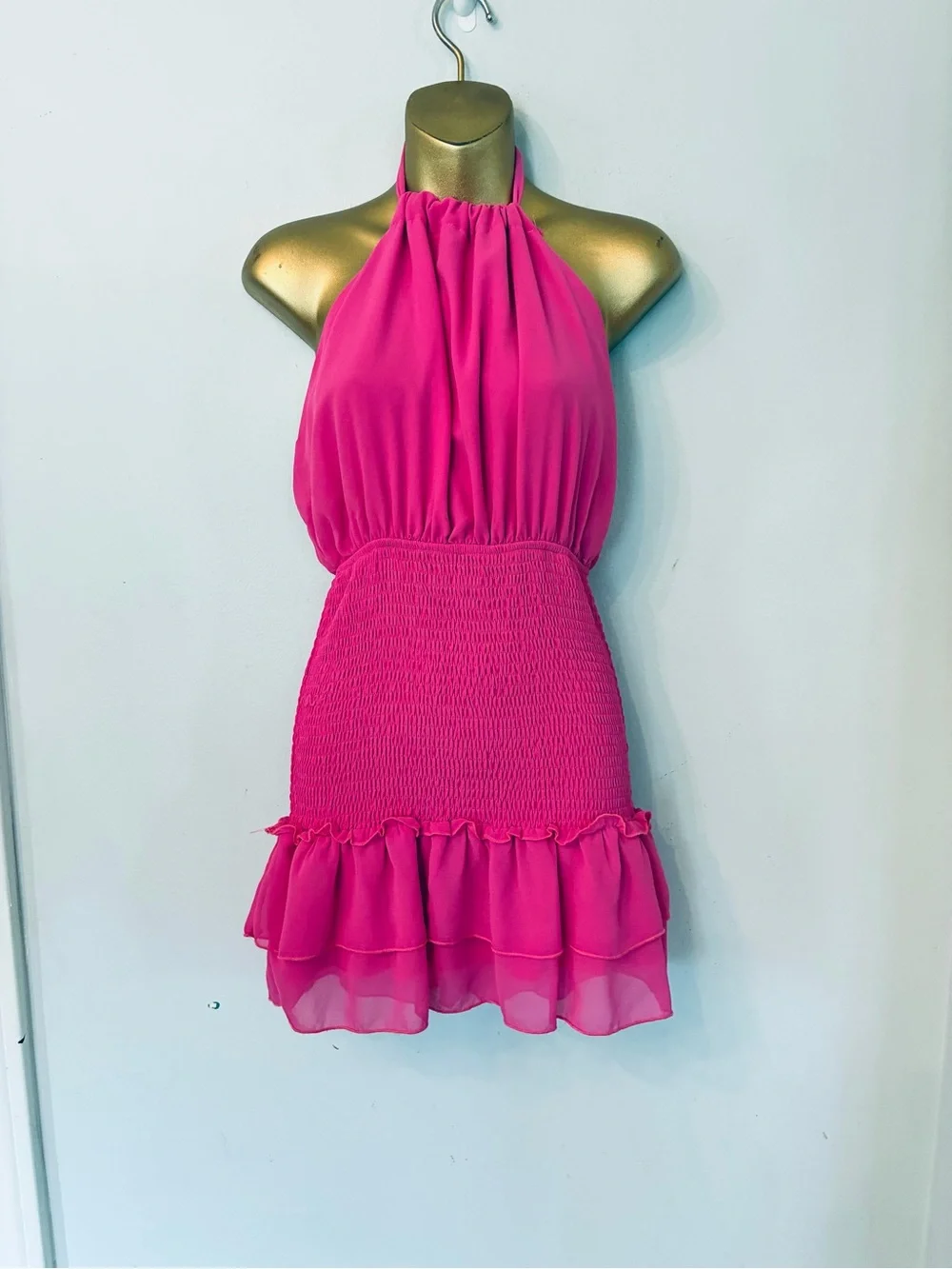 Fiesta Hot Pink Halter Smocked Mini Dress NWT Size Small + Free Zara Gift